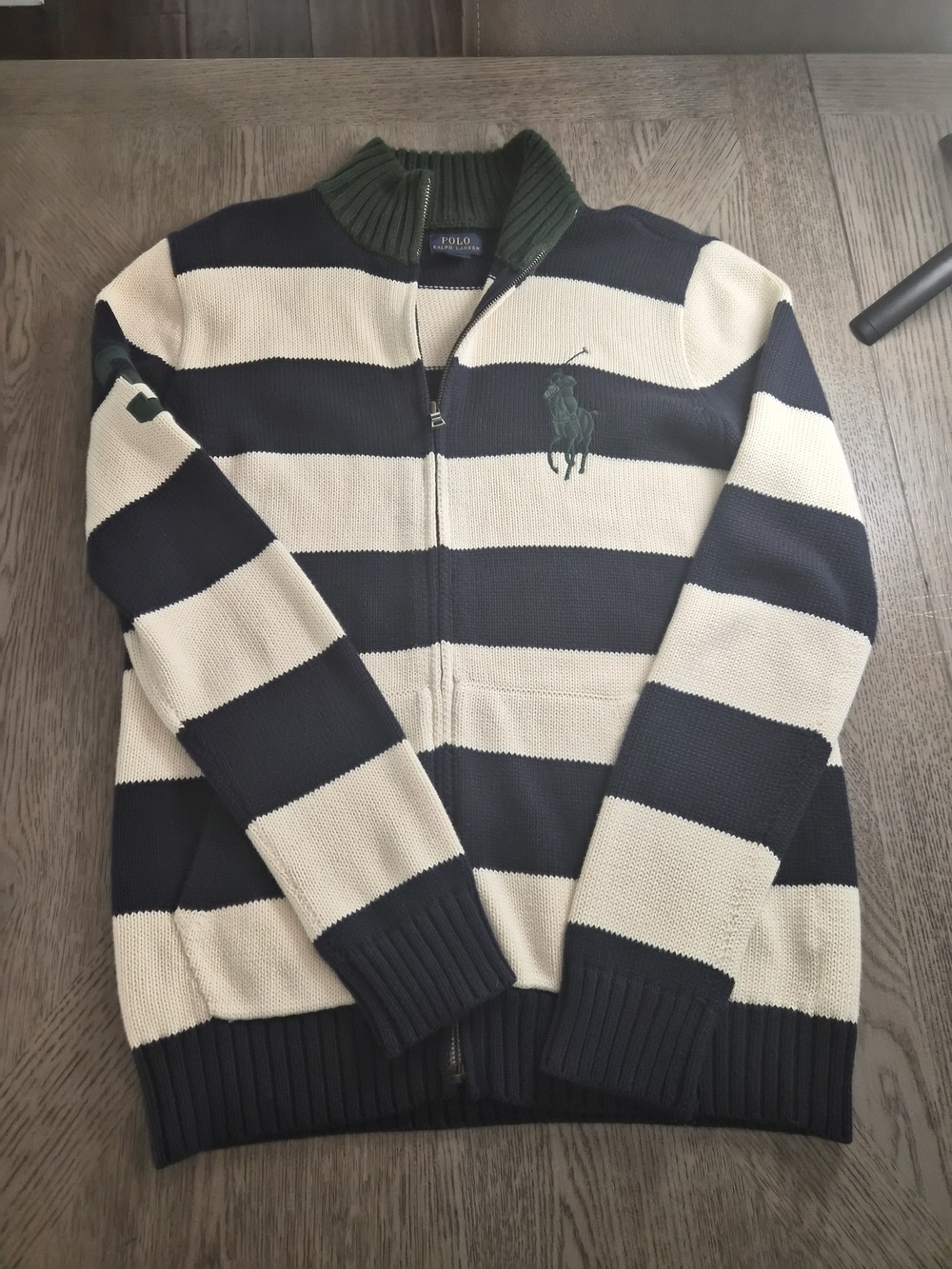 Polo by Ralph Lauren Navy & Cream Striped Full-Zip Sweater with Green Logo